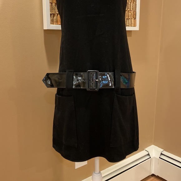 NWT. Love Wool Black Drop Waist Dress with Patent Belt & Front Pockets - Picture 3 of 16